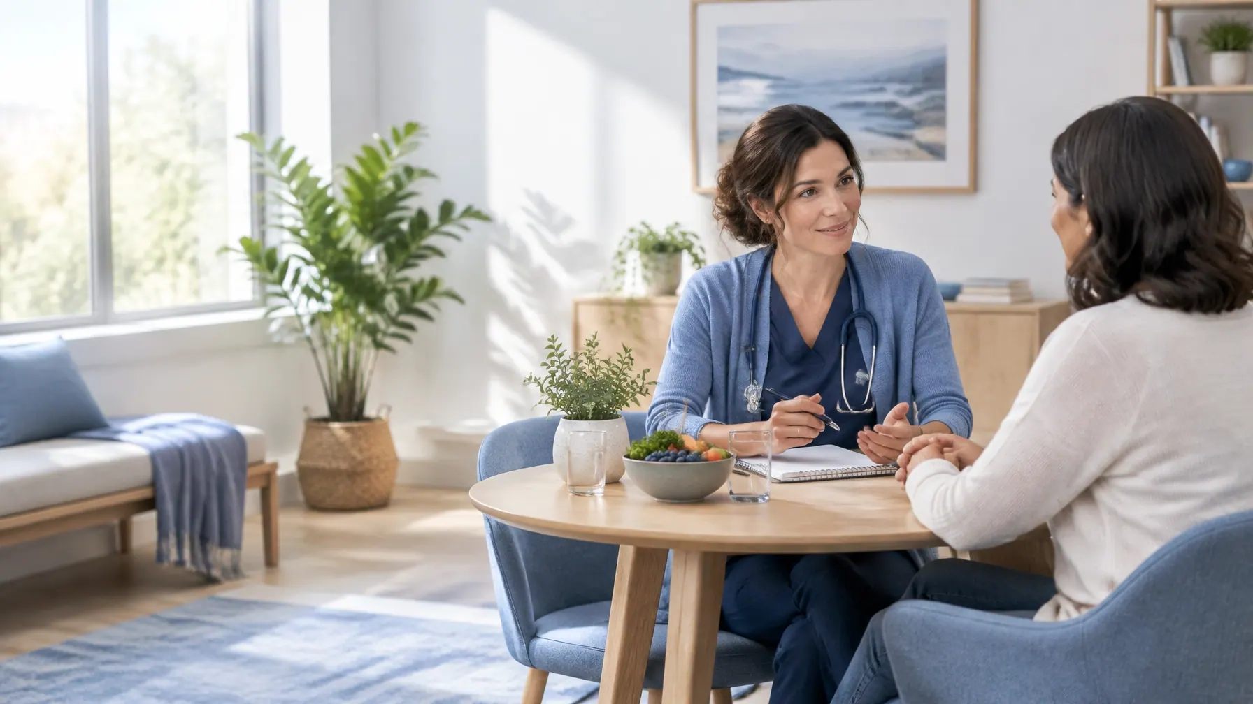 Nurse practitioner consulting with a patient in a bright wellness room with fresh produce
