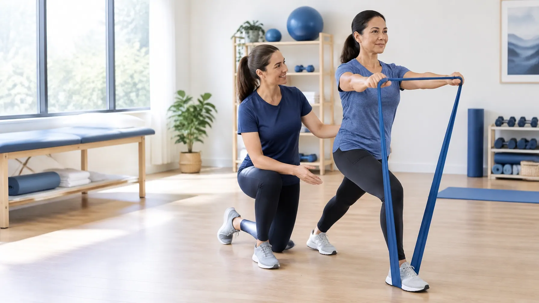 Physical therapist guiding an adult through a resistance-band exercise in a bright rehabilitation studio