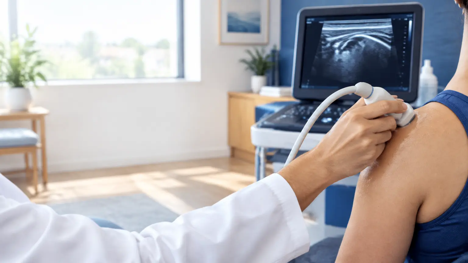 Physician using an ultrasound probe on a patient’s shoulder beside a live musculoskeletal ultrasound monitor