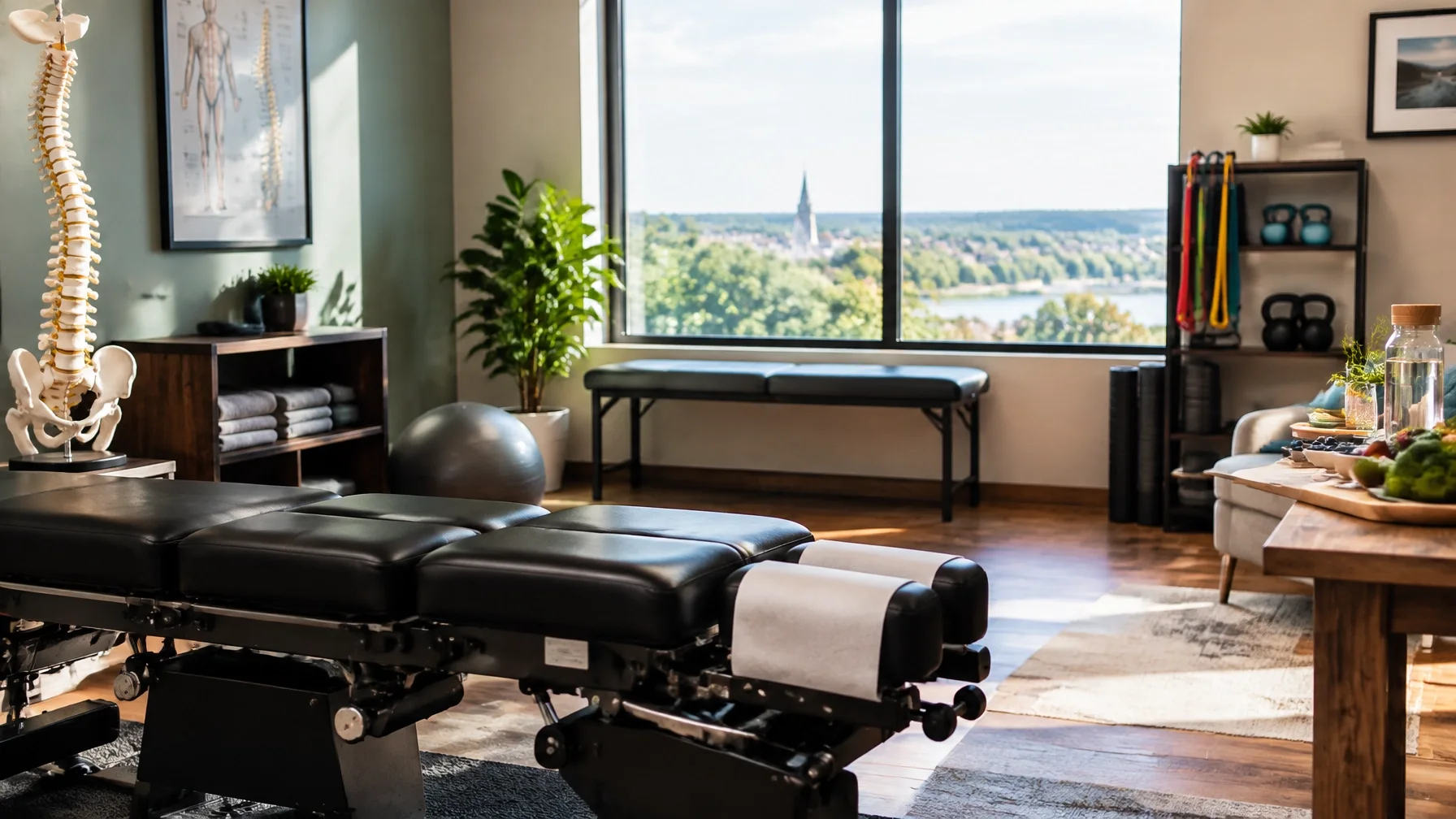 Bright chiropractic studio with an adjustment table, spine model, and wellness equipment